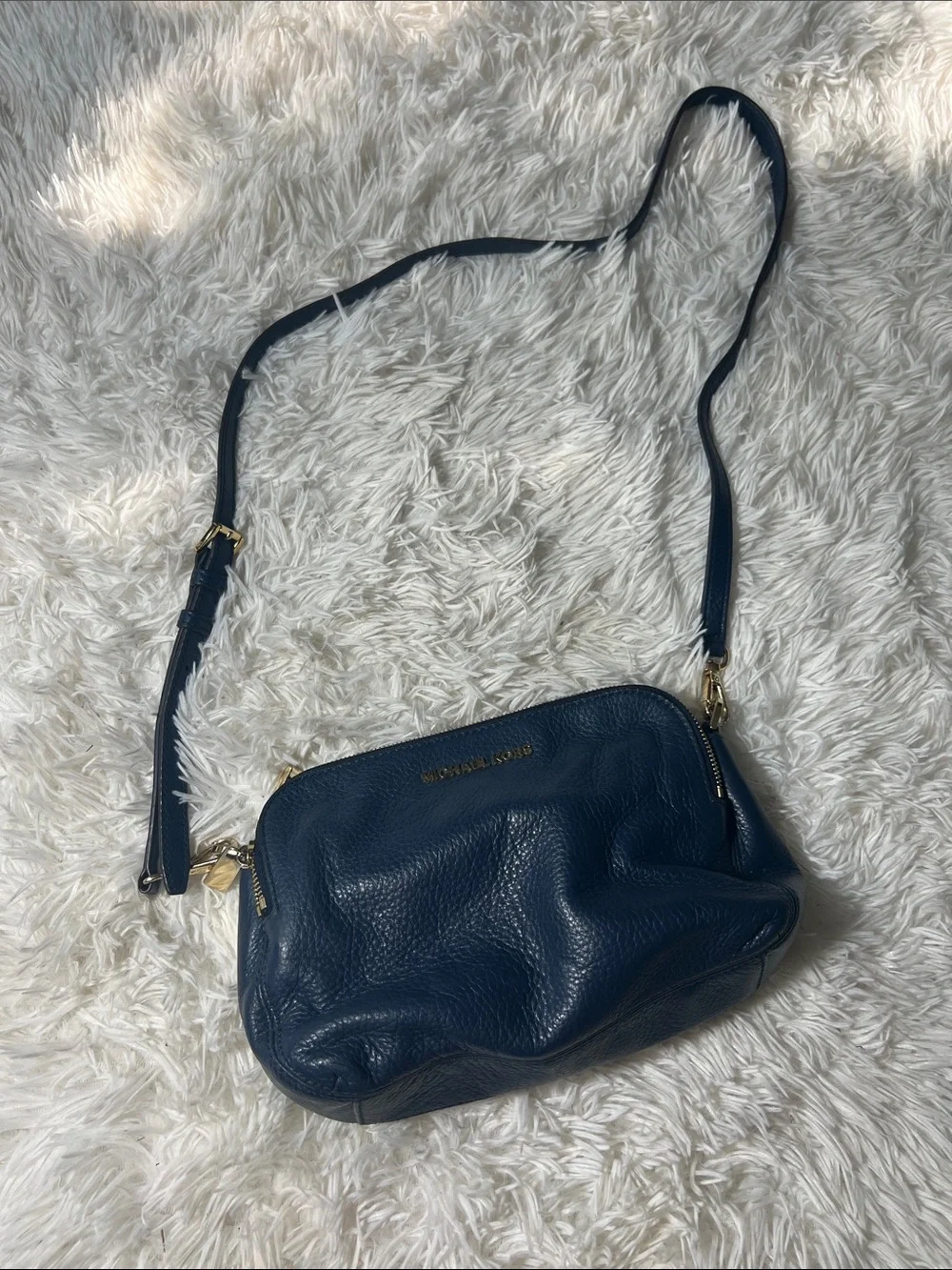 Michael Kors Dark Navy Pebbled Leather Crossbody Bag with Gold Hardware
